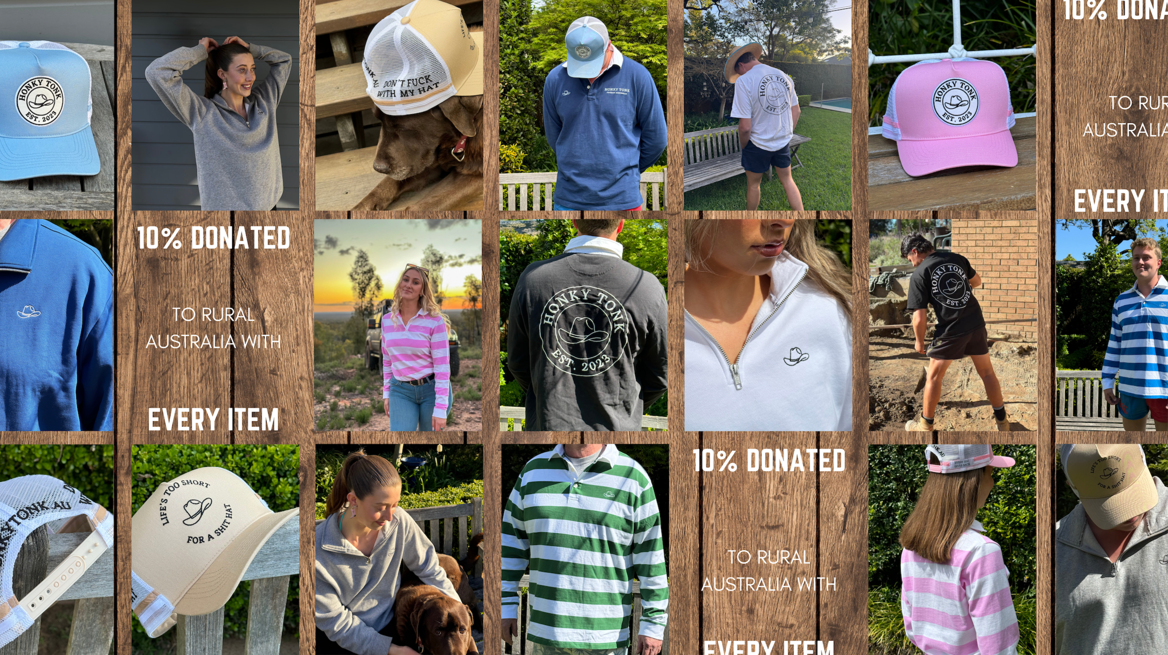 Collage of people wearing branded clothing with a 10% donation message to rural Australia.