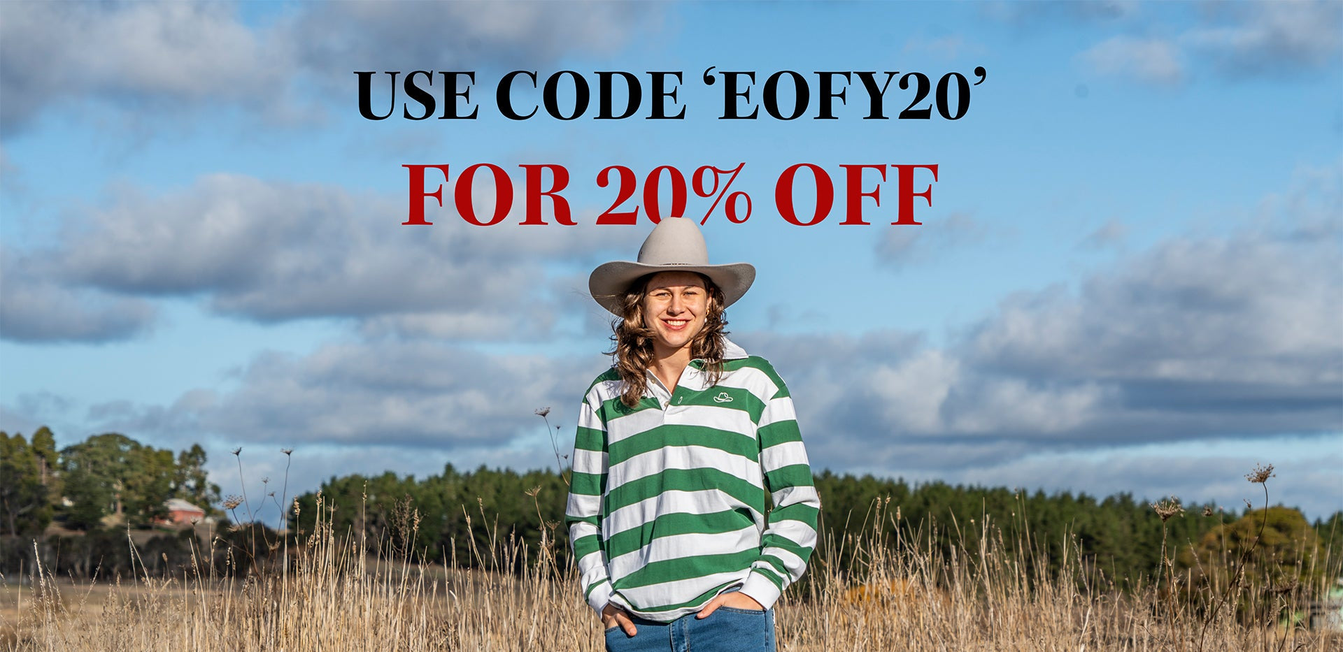 Person wearing a cowboy hat and striped shirt in a field with promotional text overlay.
