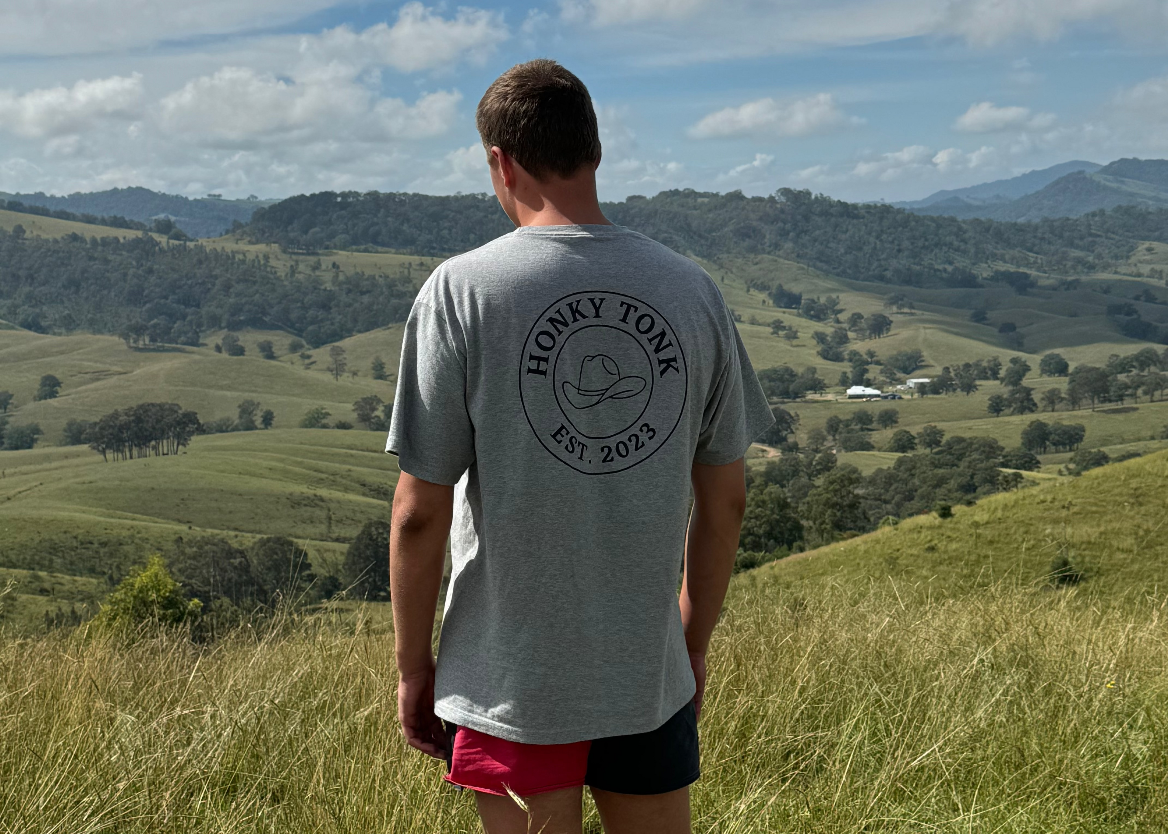 Person wearing a gray t-shirt with 'Honey Tonk' logo, standing in a grassy field with a scenic view of hills and mountains.